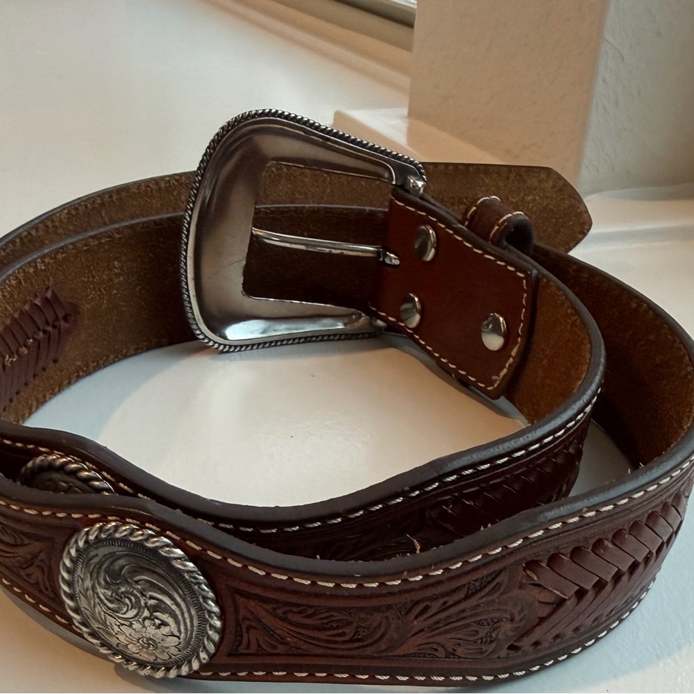 Brown Western Leather Belt with Silver Buckle